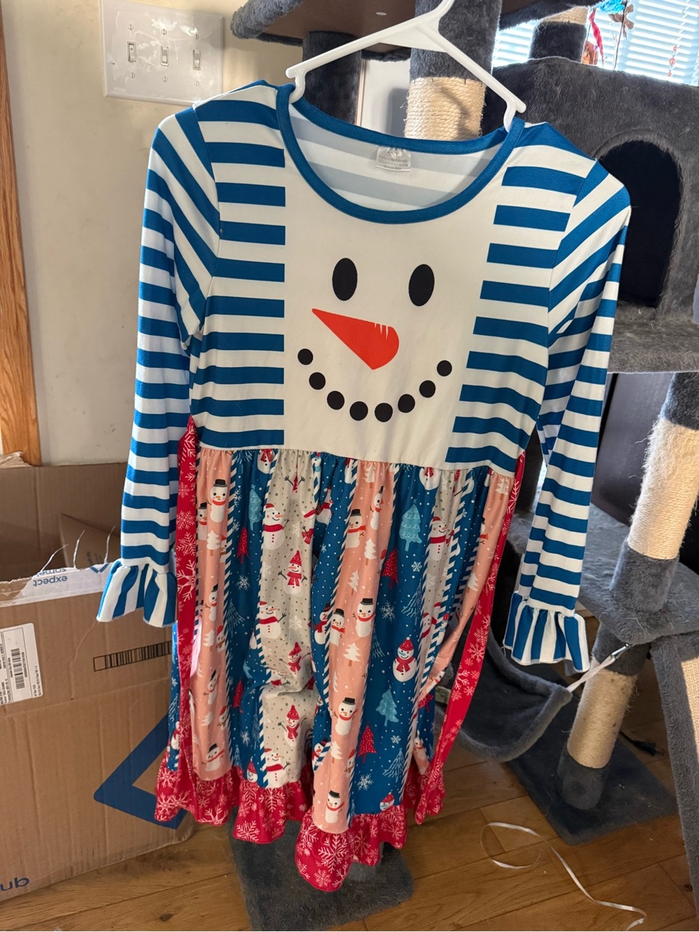Girls Snowman Stripe Patchwork Holiday Dress - Blue, Red, White